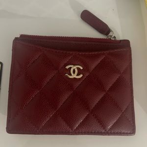 Authentic Chanel dark red caviar card coin case holder